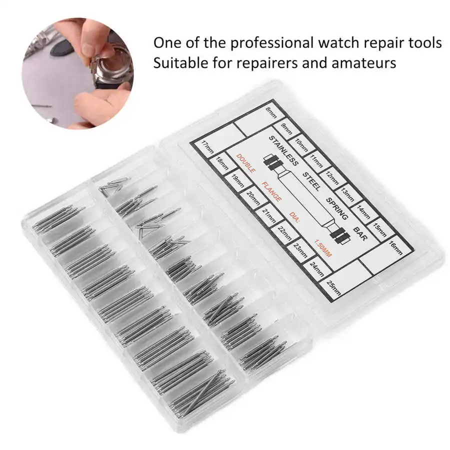 144Pcs/set Alloy Watch Band Spring Bars Strap Bracelet Link Pins 1.5mm Thickness 8-25mm Watch Repair Tool Watchband Accessories