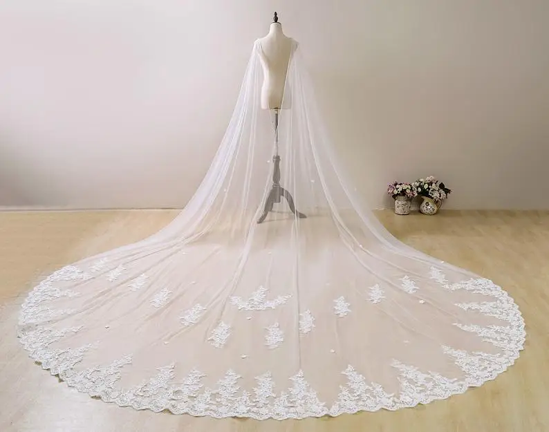 Véu de noiva estilo catedral, acessório de casamento com renda xale branco/marfim