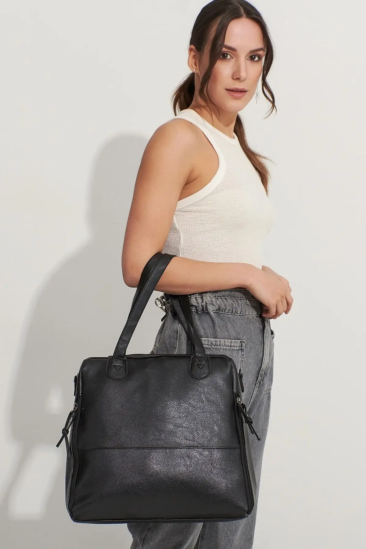 Zwarte Schoudertas Met Ritssluiting Voor Dames-Schoudertas