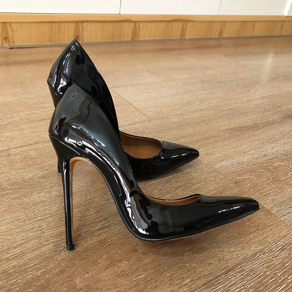 Veowalk 14cm Extremely High Heel Women Black Patent Pointy Toe Stiletto Pumps Sexy Crossdresser Shoes Ultra Large Size 41 47 48