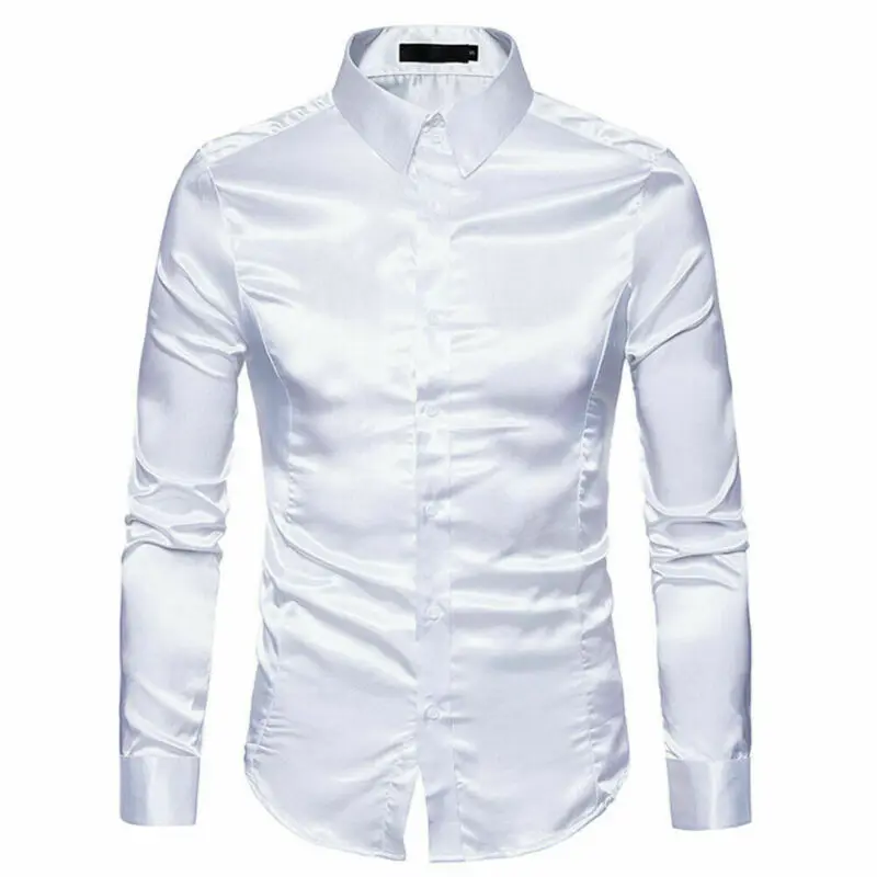 Plus size S-XXL Men Shirt Silk Satin Smooth Men Solid Tuxedo Business Shirt Men Casual Slim Fit Shiny Gold Wedding Dress Shirts