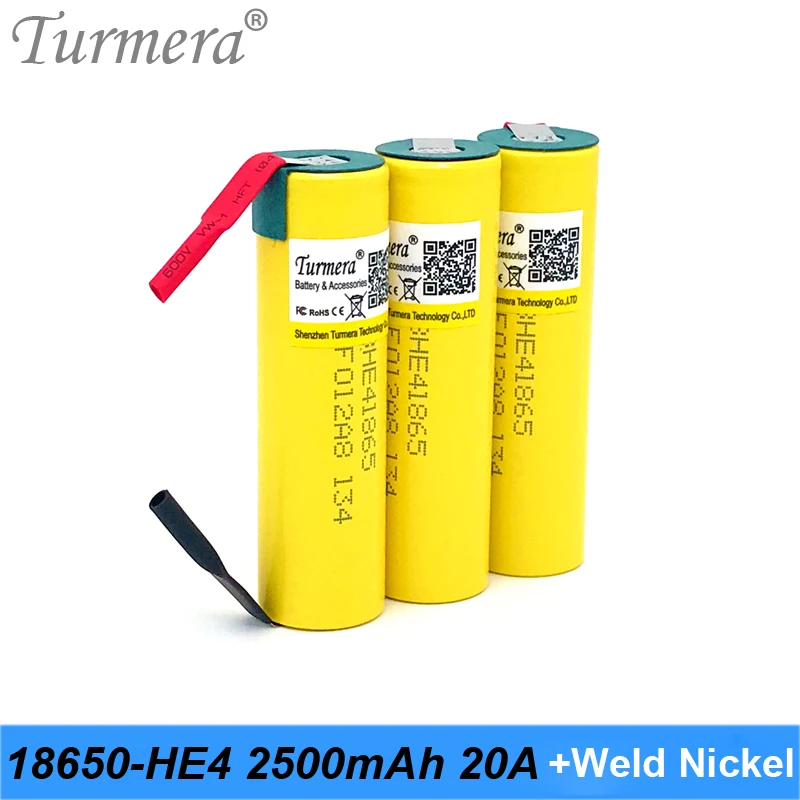 Turmera New HE4 18650 2500mAh Battery 20A with Welding Nickel for 12V 14.4V 18V 21V 25V Electric Drill Screwdriver Batteries Use