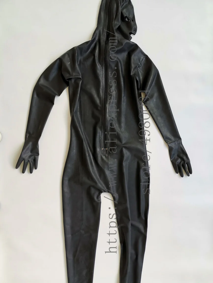 Back zipper to waist full body latex catsuit attached crotch zipper & JJ hole and with glued gloves & hood & socks