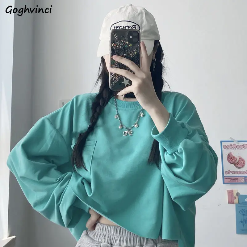 

Sweatshirts Women Spring Cropped Solid Pocket Sweet Lovely Young Girls All Match Tops College Street New Arrive Ulzzang Chic Ins
