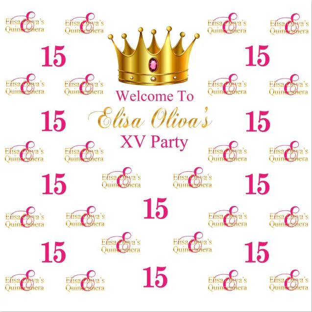 

8x8FT Pink Gold Welcome to Quinceanera Party Repeat Pattern Crown Custom Photo Studio Background Backdrop Vinyl 240cm x 240cm