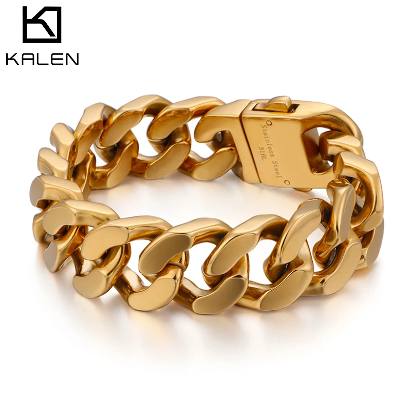 

Kalen High Quality Men's Bracelet Jewelry 22cm Stainless Steel Dubai Gold Color Heavy Chunky Link Chain Bracelets & Bangles