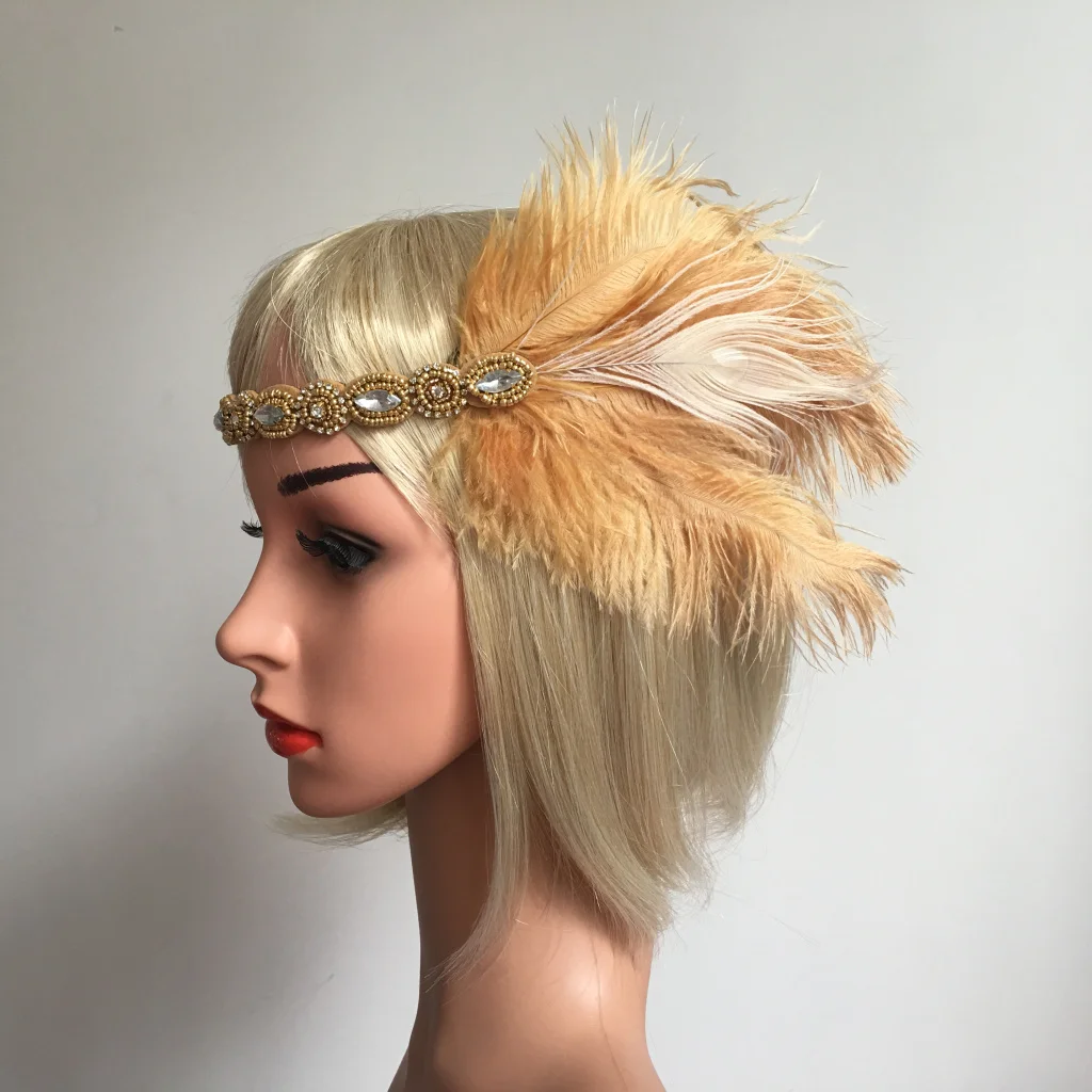 Feather Headband Gold Elastic Feather Rhinestone Beaded Hair Band Vintage Wedding Accessories Party Prom Forehead Decorations