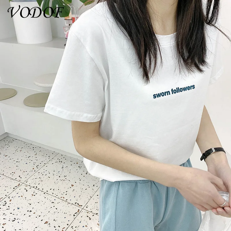 VOD 2021 Spring Women's T-shirt Casual Short-sleeved Letter Printing Loose Fashion Home Clothes Solid Color Top Women's Clothing