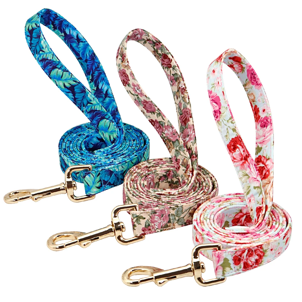 Personalized Floral Dog Collar and Leash Set Custom Small Medium Large Dog Pet ID Collar Lead Flower Print Dog Engraved Collars