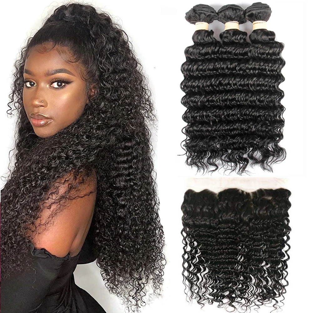 

BEAUDIVA Deep Wave Brazilian Hair Weave 3 4 Bundles With 13X4 Lace Frontal Brazilian Deep Curly Double Weft Bundle And Closure