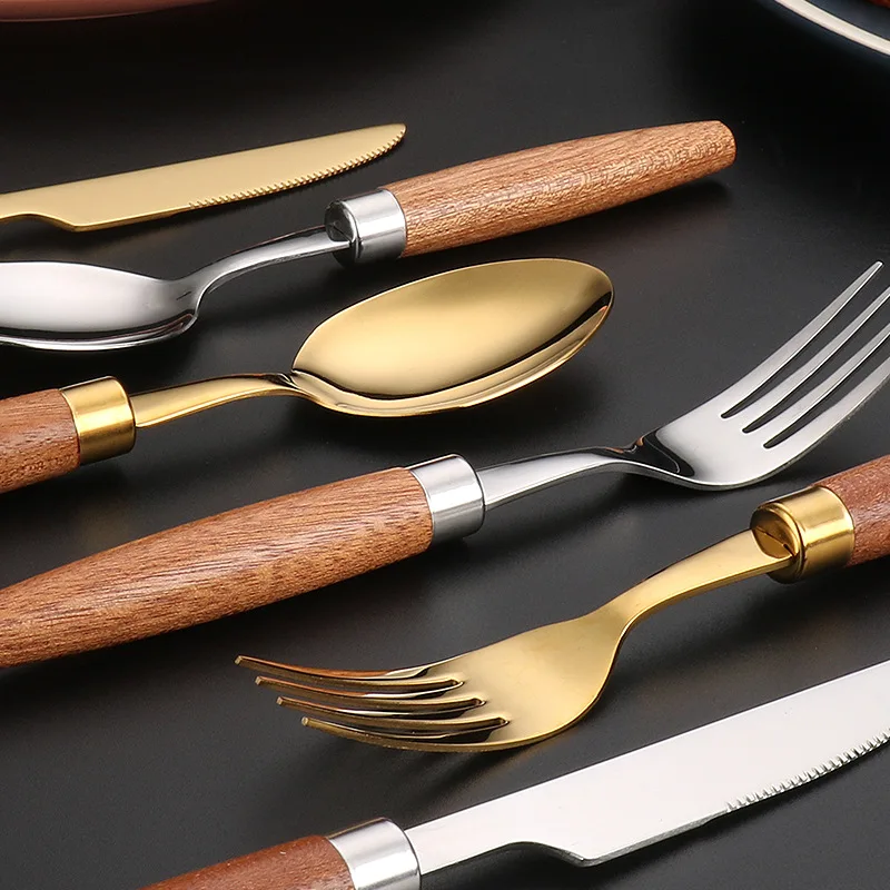 Fypo Stainless Steel Cutlery Set Wooden handle Dinnerware Set Knife Fork Spoon Tableware Flatware Kitchenware Kitchen utensil