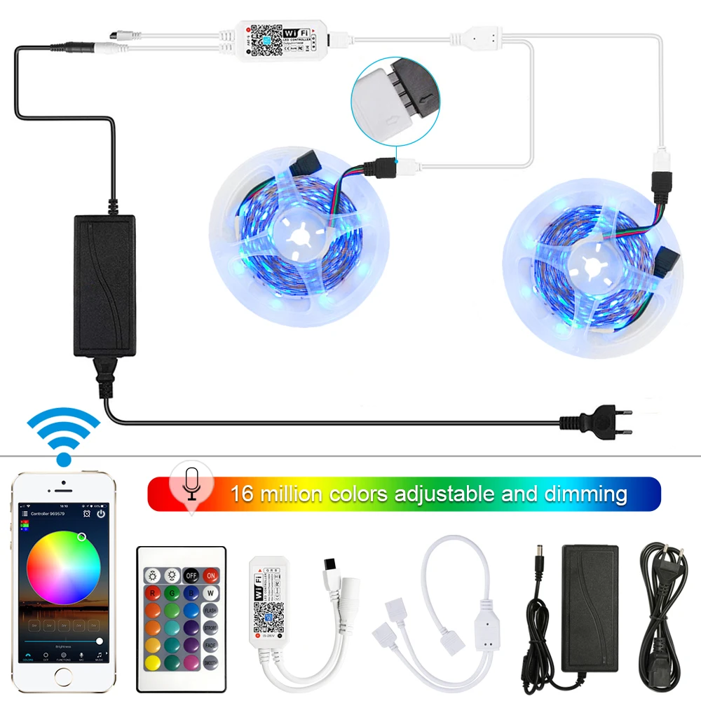 

12V Smart Lighting 10m 5050 RGB LED Light Strips Set+ WIFI APP Remote Controller + Transformer for Alexa Assistant