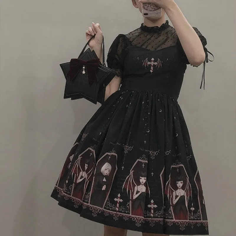 

Japanese Gothic Lolita Jsk Black Dress Women Harajuku Street Fashion Sleeveless Soft Sister Cute Dress Girls White Punk Dresses