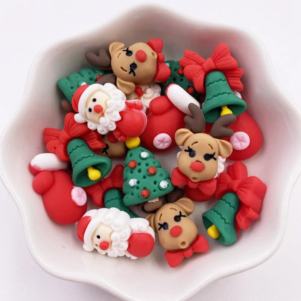 20PCS  Kawaii Colorful Resin Elk Santa Glove Bell Flatback Cabochon Mini Cartoon Figurine Scrapbook DIY Christmas Decor Craft