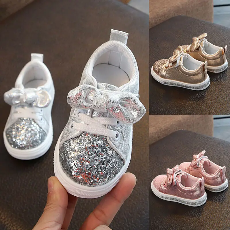 1-3 Years Baby Girls Shoes Girl Bow Sequin Shoe Trend Toddler Shoes Children Soft Sole Sport Shoes