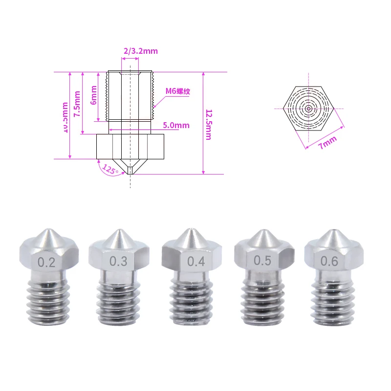 10 قطعة E3D V5 V6 الفولاذ المقاوم للصدأ فوهة M6 موضوع 0.2/0.25/0.3/0.35/0.4/0.5/0.6/0.8/1.0 مللي متر ل 1.75 مللي متر/3 مللي متر خيوط 3D طابعة جزء