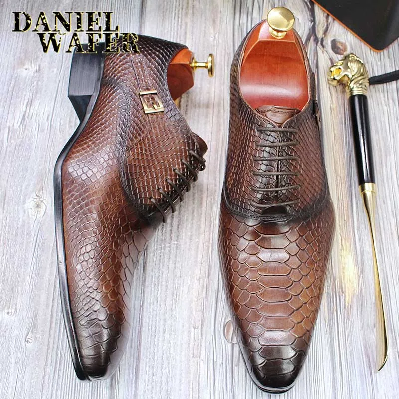 Modische Herren-Lederschuhe mit Schlangenhaut-Aufdruck, klassische Schnürung, Oxford, formell in Wein, Blau, Kaffee, Schwarz – spitze Zehenpartie – Detail 20