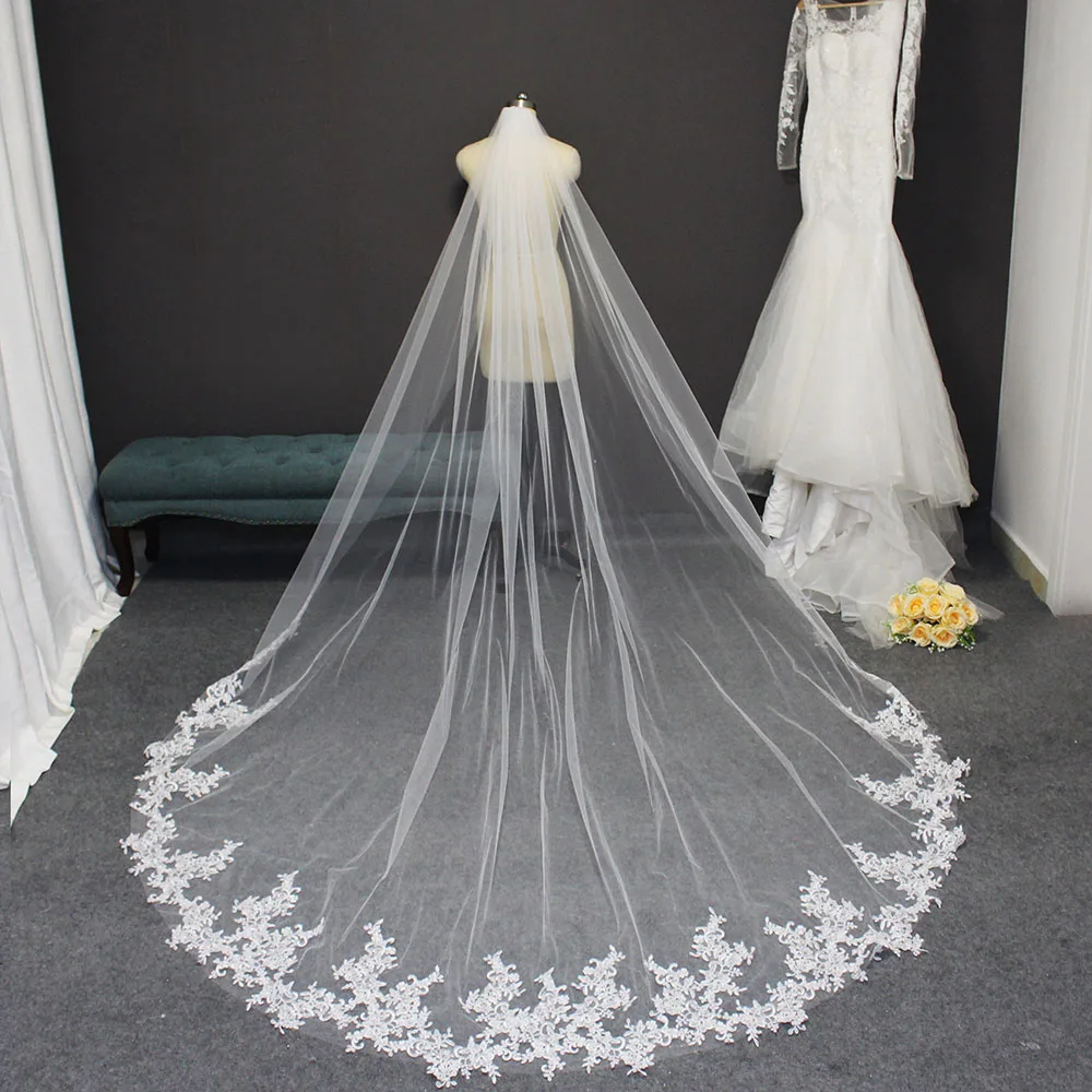 Voile de mariage Long en dentelle avec peigne, 3 mètres, pour la mariée, une couche, blanc ivoire, accessoires de mariage