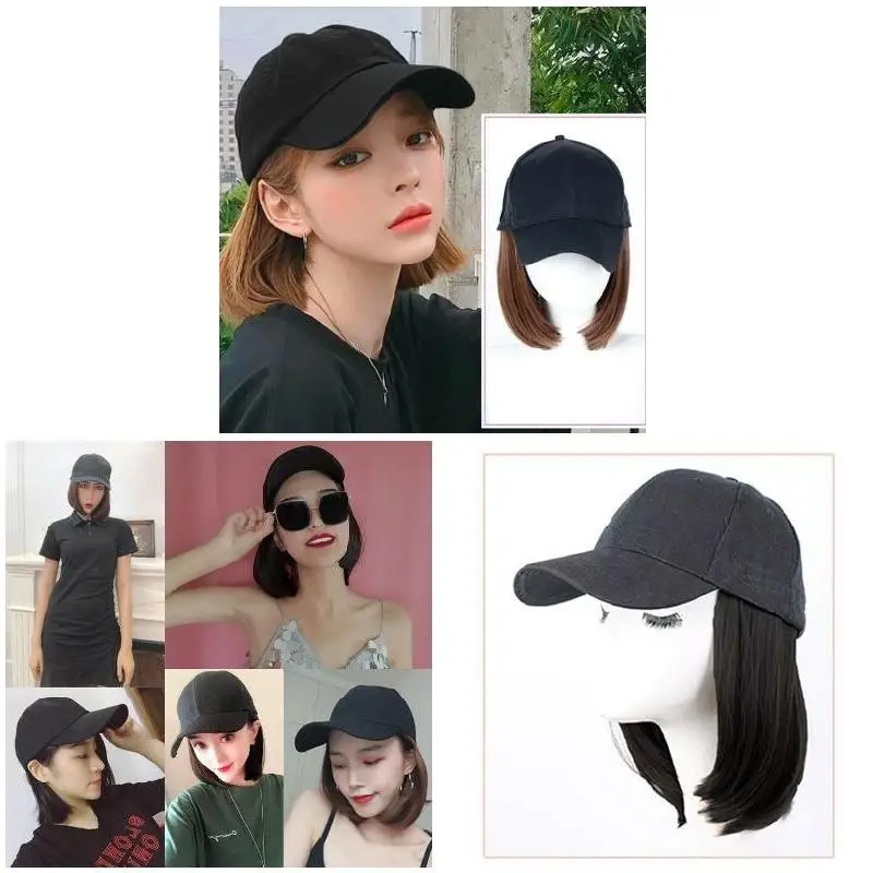 Baseball Hat with Short Hair Wigs Bob Hair Synthetic Hat for Women Summer Short Straight Hair Heat Resistant Fiber 2023 New