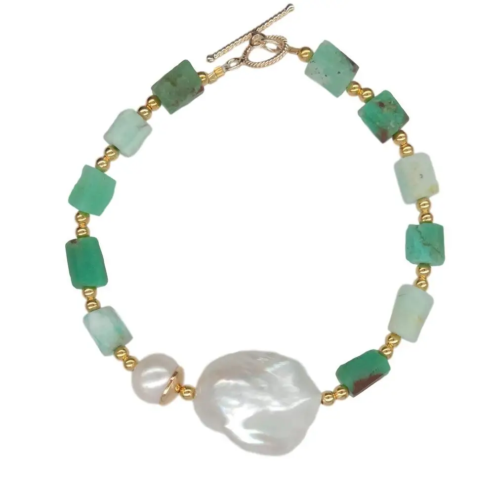 

Natural Green Chrysoprase Rectangle Rough White Keshi Pearl gold color beads Bracelet 8" handmade for women