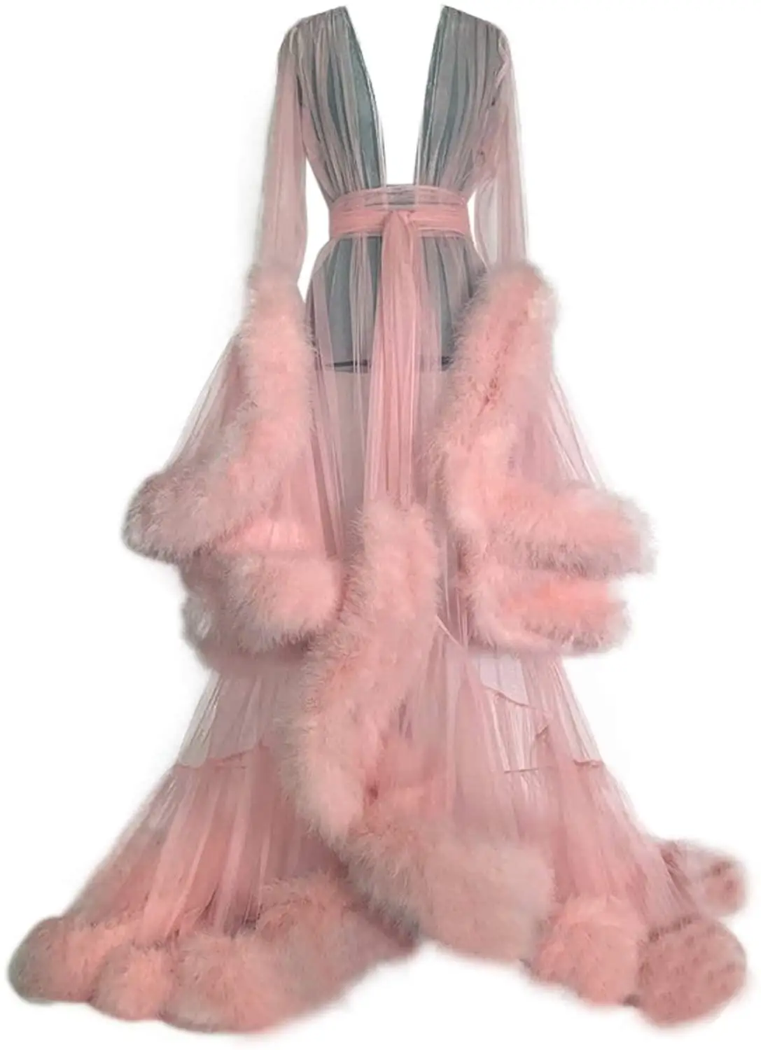 

Pink Feather Robes Evening Dresses Pregnant Women Photo Robe Women's Edge Tulle Long Bridal Bathrobe Bathrobes with Belt Custom