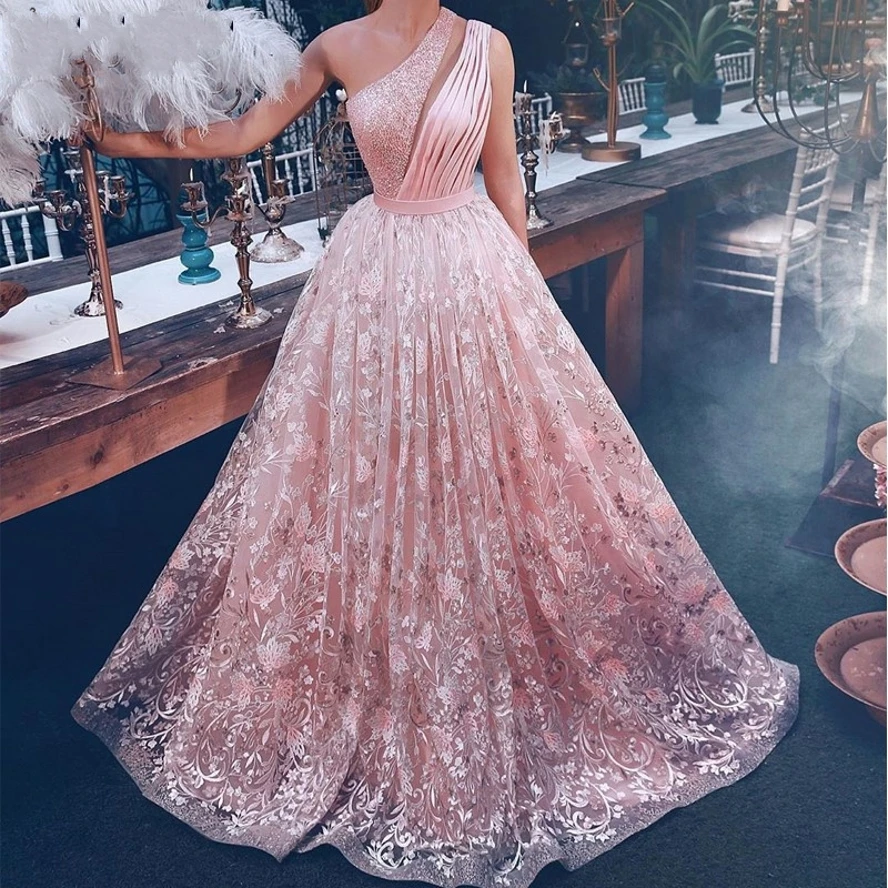 

One-Shoulder Pink Evening Dresses Long 2024 New Sequins Lace Islamic Dubai Saudi Arabic Formal Party Prom Gowns Robe De Soiree