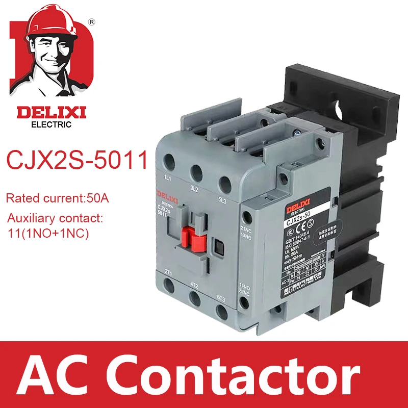 CJX2s-5011 AC Contactor DELIXI 50A 3 Poles NO NC Coil Voltage 24V 36V 110V 220V 380V 50Hz Din Rail Mounted