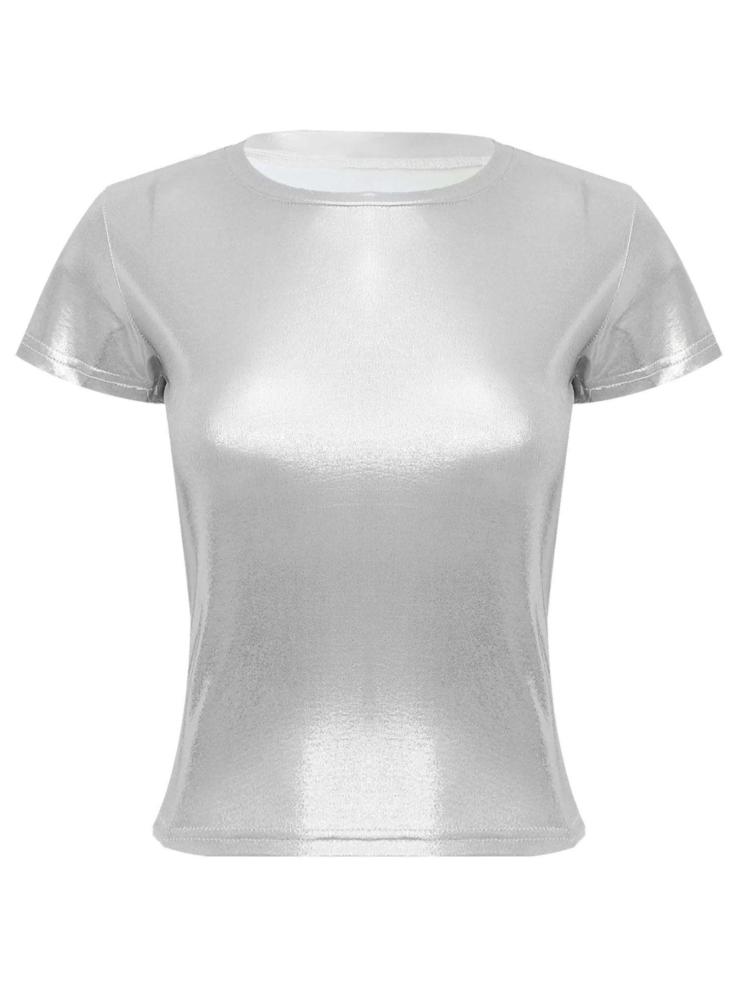 Women Shiny Metallic Short Sleeve T-shirt Girls O-Neck Glossy Solid Color Tops for Dance Party Rave Festival Show Club