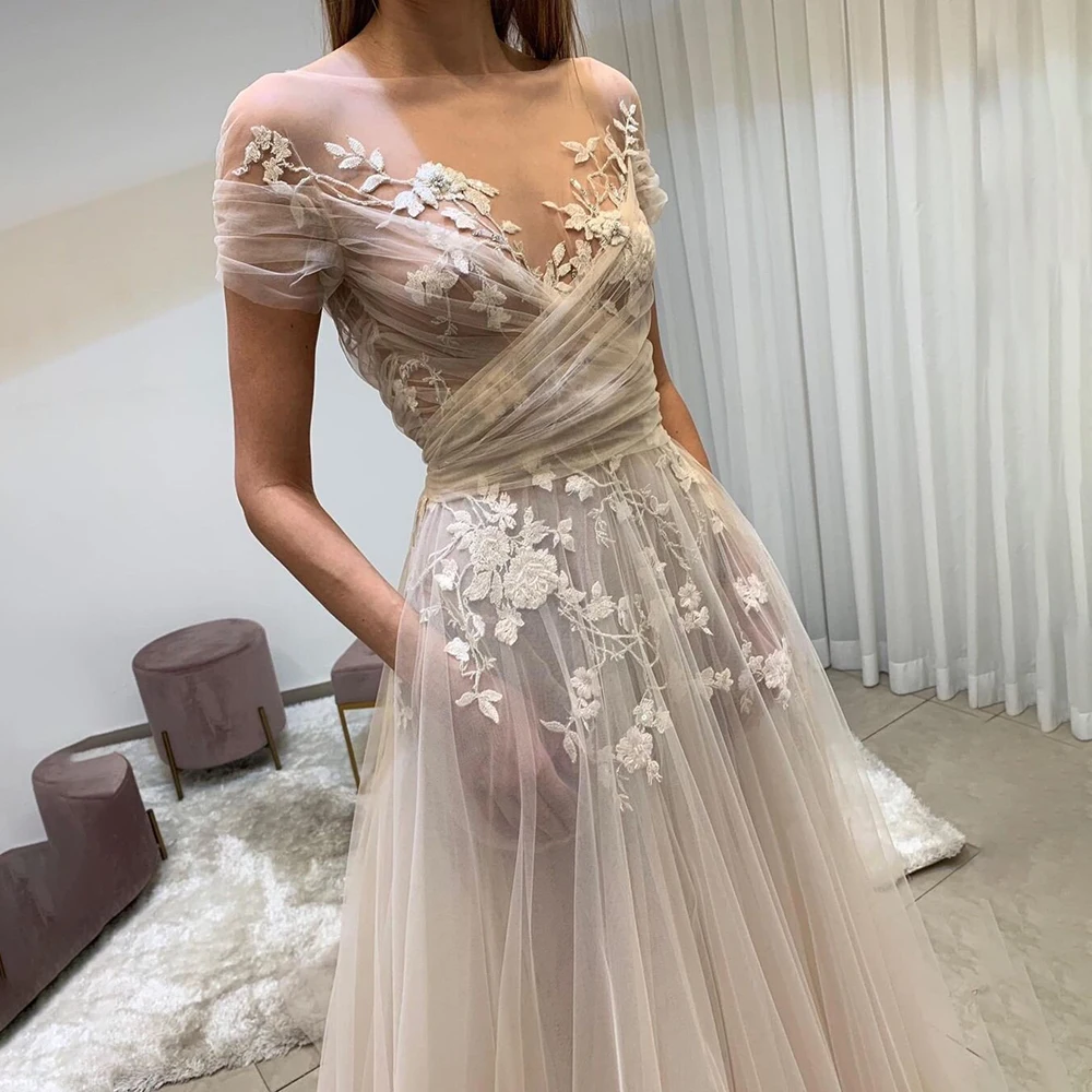 

Роскошные свадебные платья Roycebridal из тюля с перекрестными рюшами, Пляжное ТРАПЕЦИЕВИДНОЕ цветочное кружевное вышитое свадебное платье с вырезом лодочкой