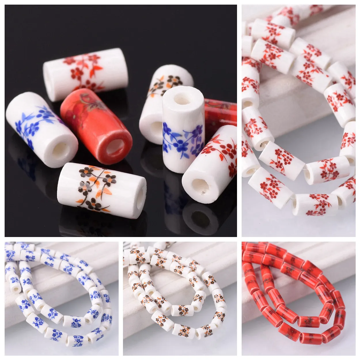 20pcs 11x6mm Cylinder Shape Flower Patterns Ceramic Porcelain Loose Crafts Beads Lot for Jewelry Making DIY Findings