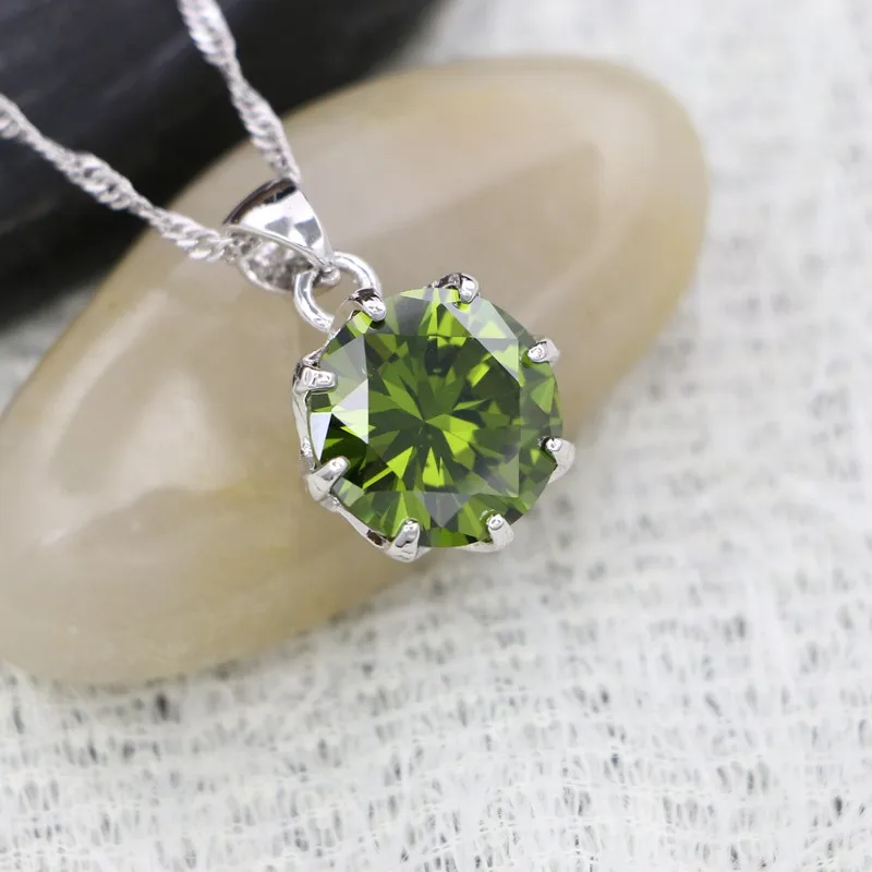 Silver 925 Round Pendant Necklace for Women Olive Green Cubic Zirconia White Crystal Wedding Accessories