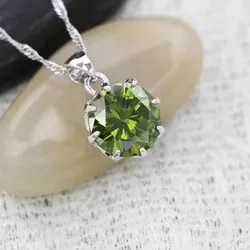 Silver 925 Round Pendant Necklace for Women Olive Green Cubic Zirconia White Crystal Wedding Accessories