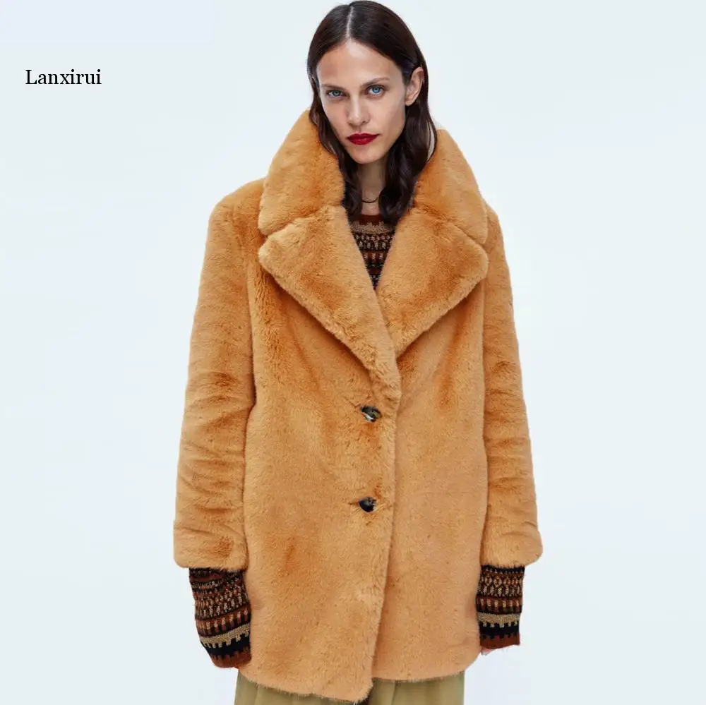 Mid-Length  Fur Coat Female Winter Fashion New Imitation Rex Rabbit Fur Lapel Long-Sleeved Warmth Loose Fur Coat