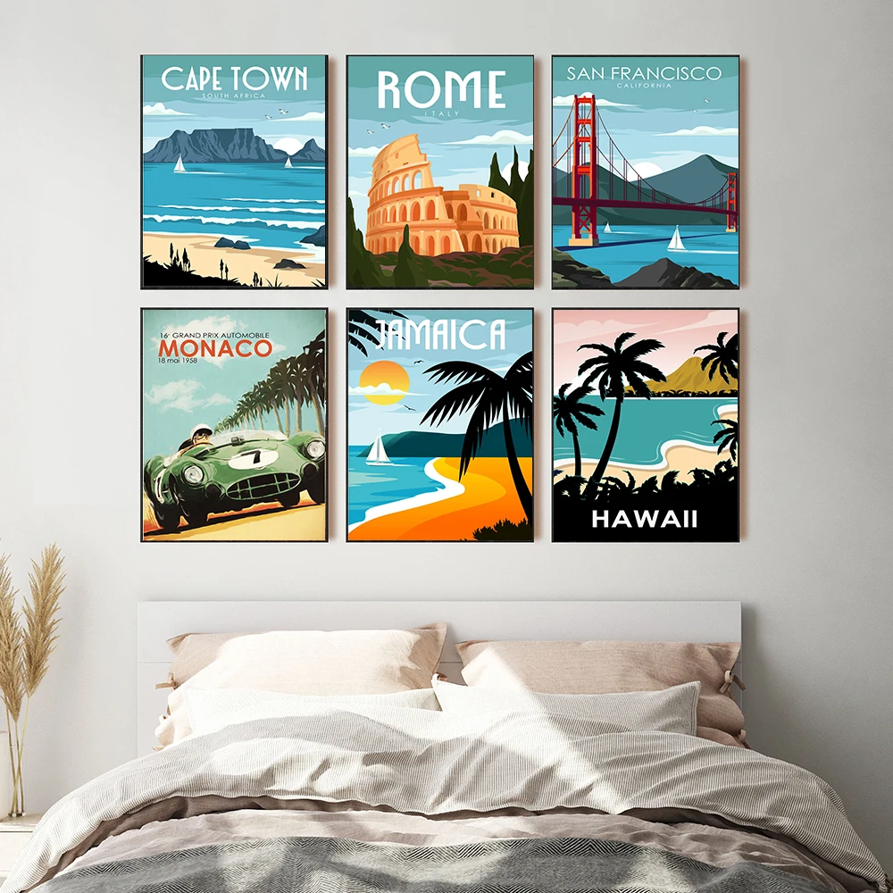 Cartoon City Landscape Travel Posters and Prints Rome Italy San Francisco Canvas Paintings For Home Cuadros Decoration Pictures