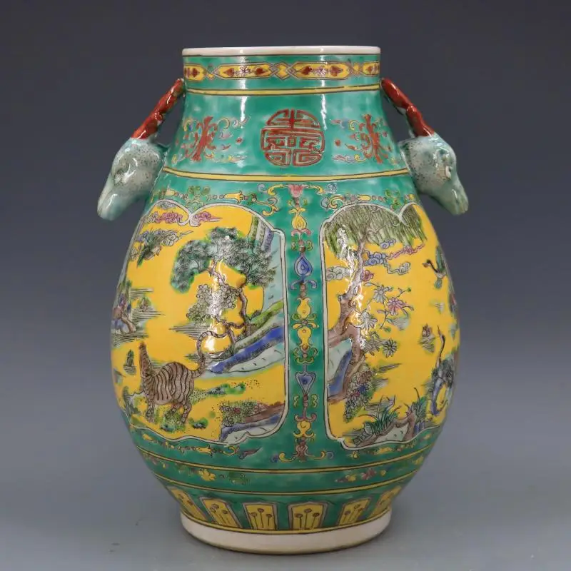 Qing Dynasty Kangxi green glaze pastel green Zodiac deer head shaped vase big vases antique home decoration porcelain antique