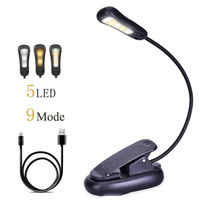 

Rechargeable LED Book Light 9 Lighting Modes Switchable 5 LED Reading Light Book Light Flexo Table Lamps Clip Table Lamp