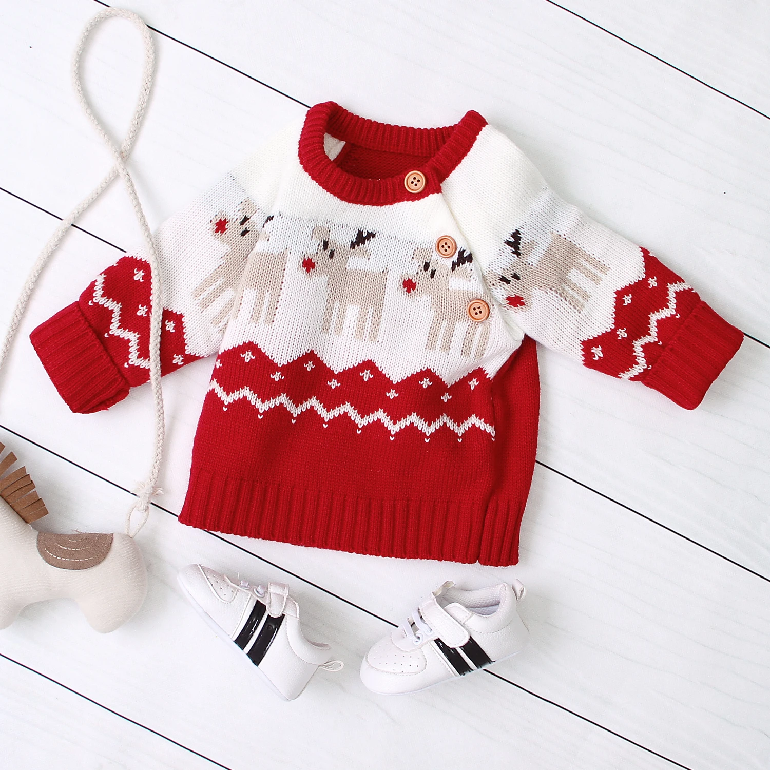 Christmas Children Girls Boy Knitted Cartoon Sweater Round Neck Long Sleeve Loose Sweater with Elk Pattern for Spring and Winter