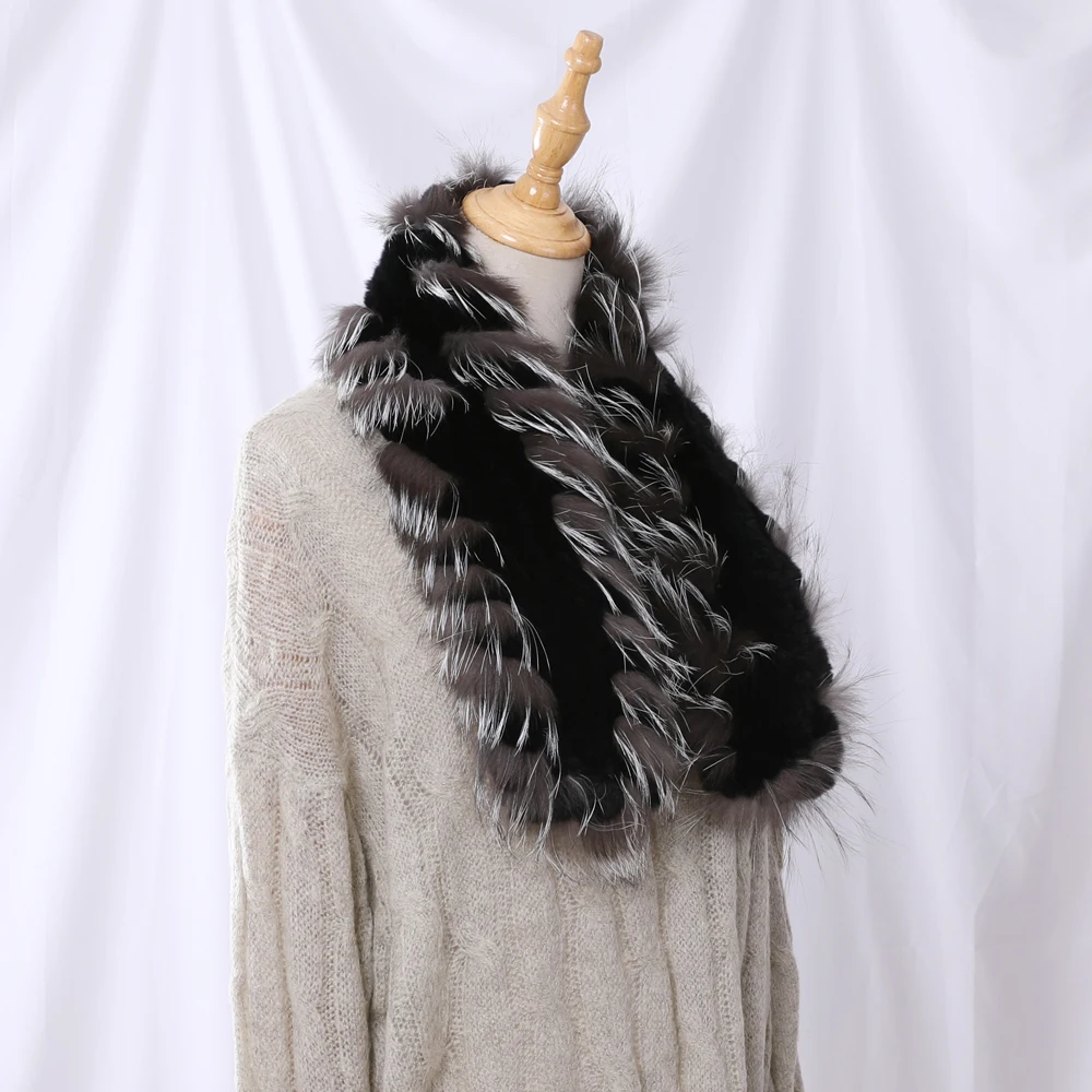 New Winter Women\'s Genuine Real Rex Rabbit Fur Silver Fox Fur Hand Knitted Scarf Scarfs  Scarves Wraps Snood Street Fashion