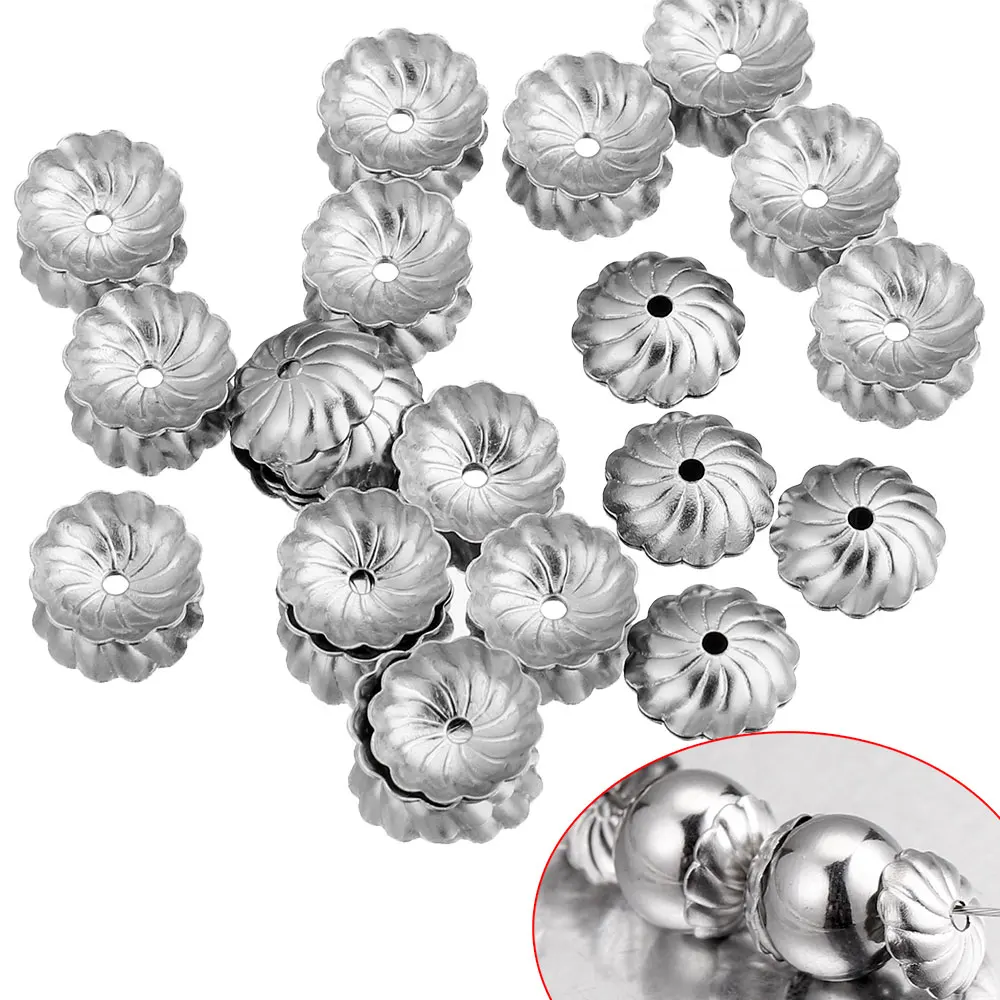 50pcs/lot Stainless Steel Silver Color Flower Bead End Caps for DIY Jewelry Findings Making Supplies Accessories Needlework