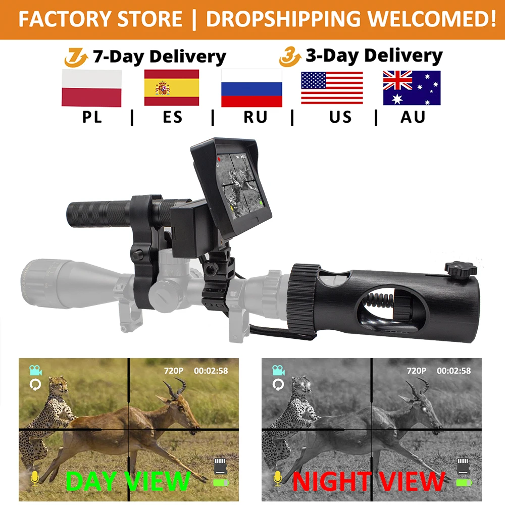 Night Vision Scope Attachment Camcorder with LCD Display and IR Flashlight, Rifle, Airsoft, Tactical Hunting, DIY 720P HD