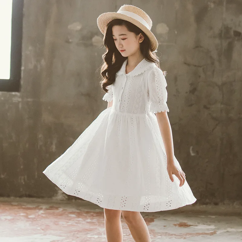 2024 summer Girls mesh teens Teenager Princess Elegant Kids White Hollow Party Dresses Children Clothes 4 6 8 10 12 13 14 year