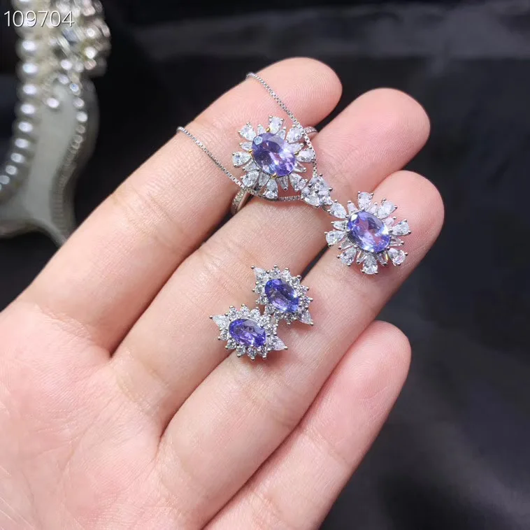 KJJEAXCMY fine jewelry 925 sterling silver inlaid Natural Tanzanite Necklace Ring Earring Suit Support Test popular