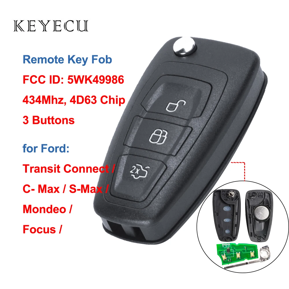 

Keyecu Replacement Remote Key Fob 3 Button for Ford C-Max S-Max Focus MK3 Grand Mondeo 2010-2018 434MHz 4D63 Chip 5WK49986