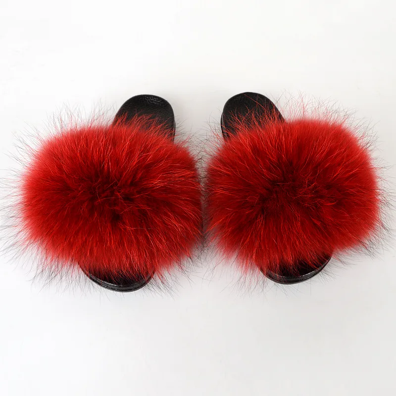 Real Raccoon Fur slides for women Big Fur Slippers Flat Soles Fluffy Indoor Outdoor Flip Flop Sandals