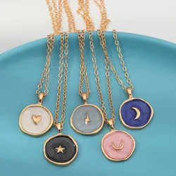 Fashion Round Enamel Moon Star Round Pendant Necklaces for Women New Trendy Long Chain Gold Color Coin Choker Statement Jewelry