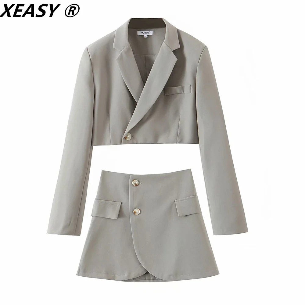 XEASY 2021 Women Fashion Set Vintage Single Button Short Blazer Female High Waist Asymmetrical A-Line Skirt England Style Suit