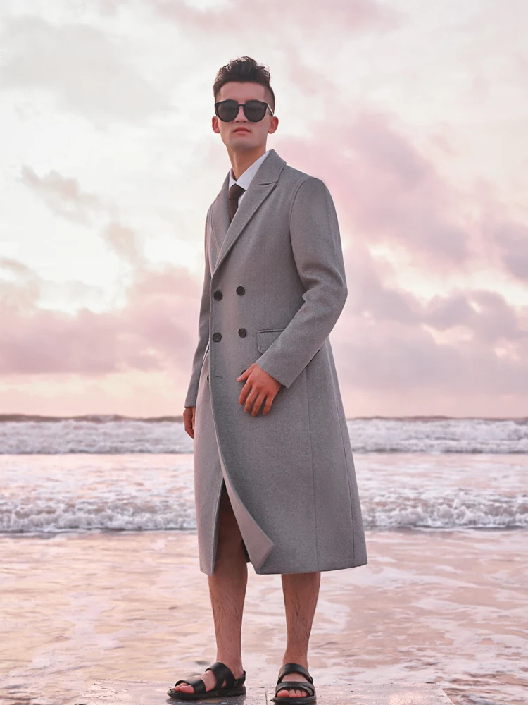 Wool coat men's double breasted knee length thickened detachable down liner business trip men's tweed coat