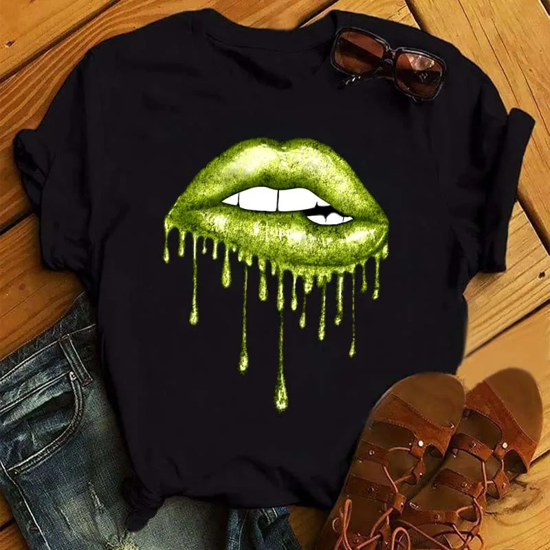 New Harajuku Women T Shirts Leopard Lips Print Tshirt Funny T Shirt Female Short Sleeve Black Tops Tee Fashion Women T-shirts