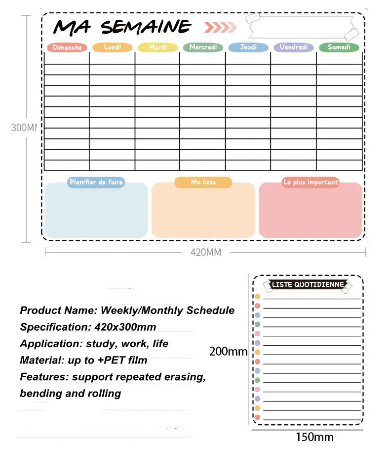 Planificador semanal mensual magnético, tabla de calendario de borrado en seco, pizarra blanca, horarios, pegatina de nevera, tablero de mensajes,