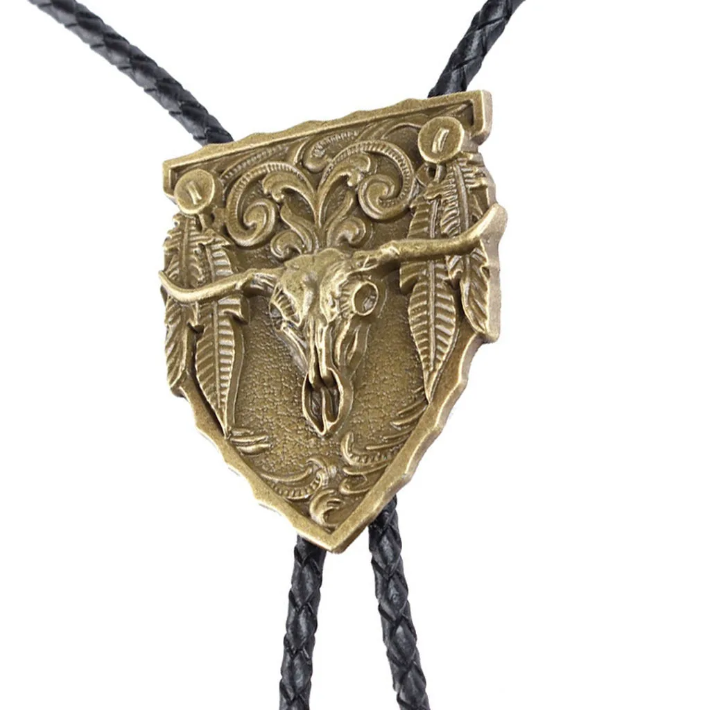 Big cow head western cowboy Tang grass pattern bolo tie leather fashion pendant men and women bolo tie tie rope tide